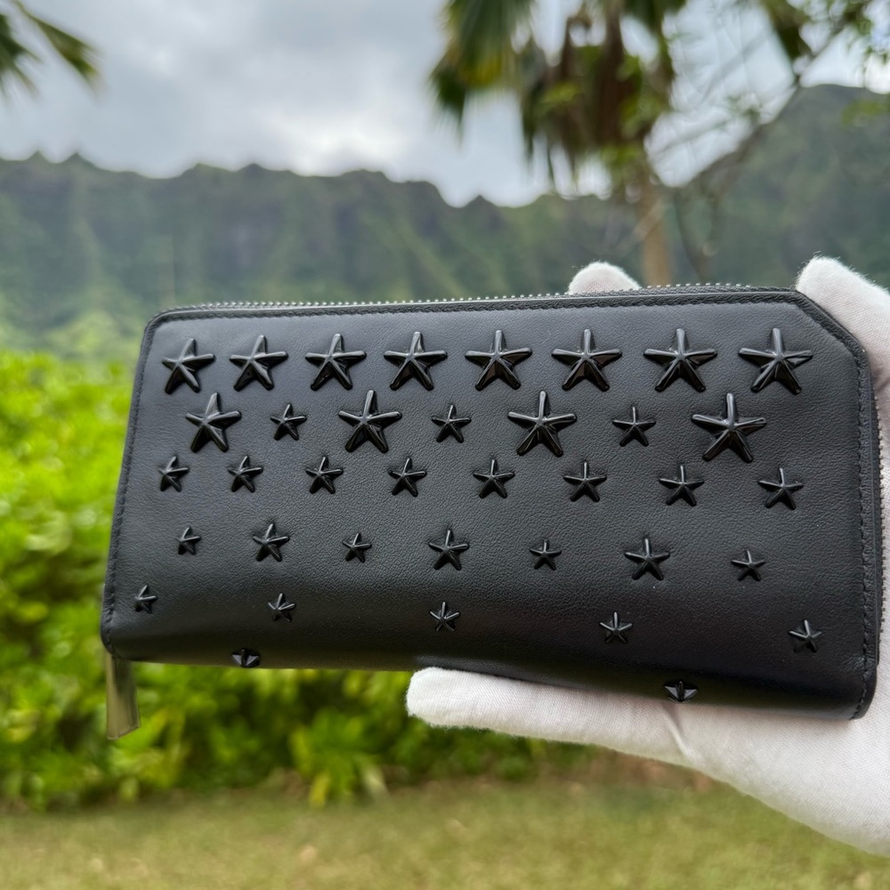 Jimmy Choo Star Studded Leather Zip Around Black Wallet